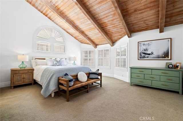 carpeted bedroom with vaulted ceiling with beams and wood ceiling