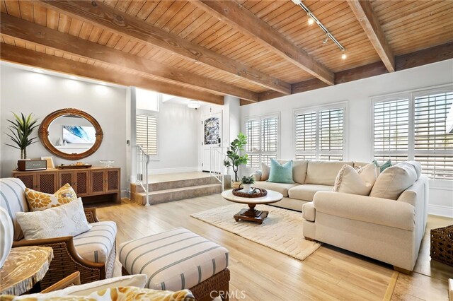 living room featuring track lighting, a wealth of natural light, wooden ceiling, and light wood-type flooring