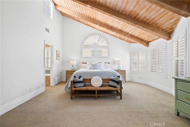 carpeted bedroom with beamed ceiling, wooden ceiling, and high vaulted ceiling