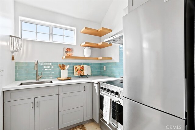 kitchen featuring gray cabinets, tasteful backsplash, sink, stainless steel appliances, and wall chimney exhaust hood