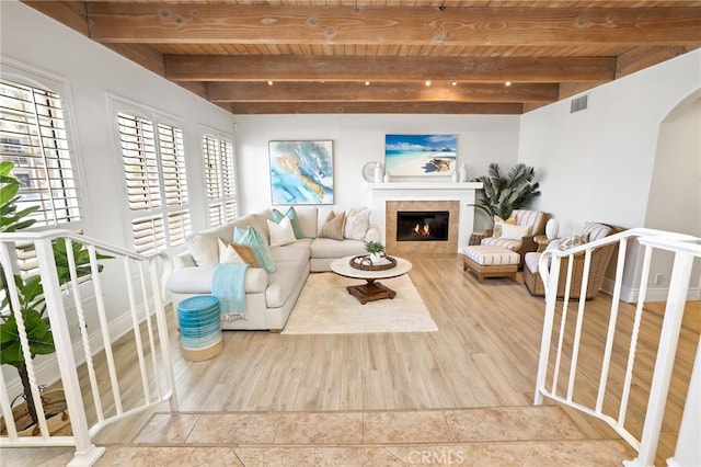 living room with beam ceiling, wood ceiling, and wood-type flooring