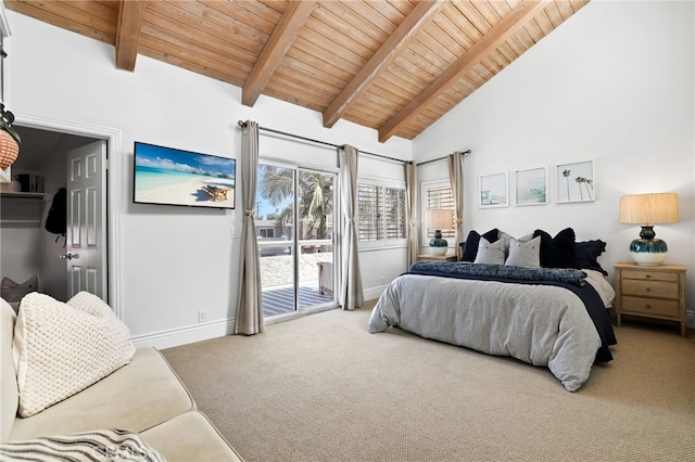 bedroom featuring high vaulted ceiling, carpet floors, access to exterior, wooden ceiling, and beam ceiling