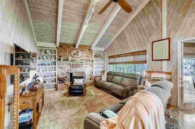 carpeted living room with high vaulted ceiling, ceiling fan, wooden ceiling, built in features, and beam ceiling