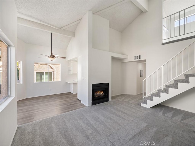 19810 Sandpiper Pl Unit 22, Newhall, CA 91321 - unfurnished living room with carpet flooring, high vaulted ceiling, a ceiling fan, visible vents, and stairway