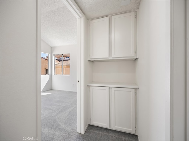 corridor featuring carpet flooring and a textured ceiling