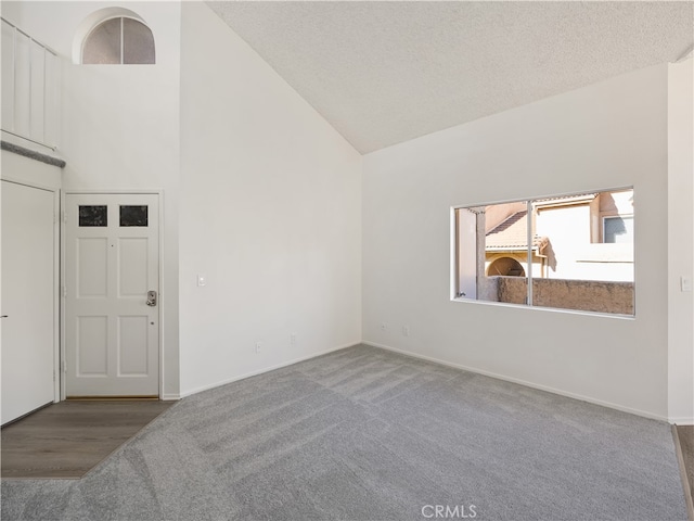 carpeted spare room featuring high vaulted ceiling and a textured ceiling