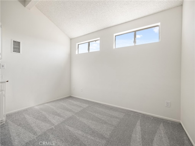 empty room featuring light carpet, lofted ceiling, and a textured ceiling