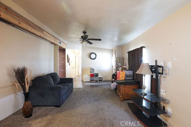 living room featuring carpet floors and ceiling fan