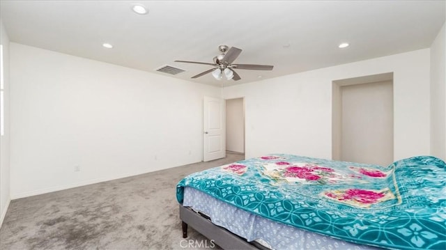 5345 Blue Ridge Way, Fontana, CA 92336 - bedroom featuring visible vents, carpet floors, baseboards, recessed lighting, and a ceiling fan