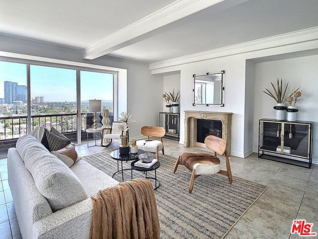 tiled living room with beam ceiling and ornamental molding