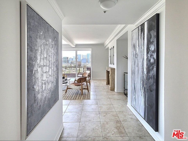 hallway featuring beamed ceiling, light tile patterned floors, and crown molding