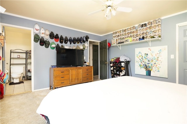 bedroom with ornamental molding, tile patterned flooring, and ceiling fan