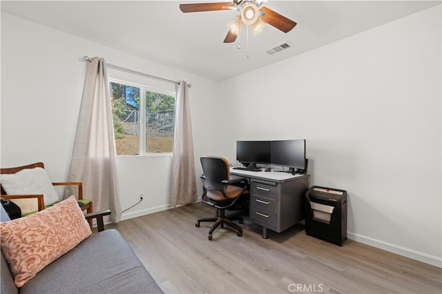 home office featuring light wood-type flooring and ceiling fan