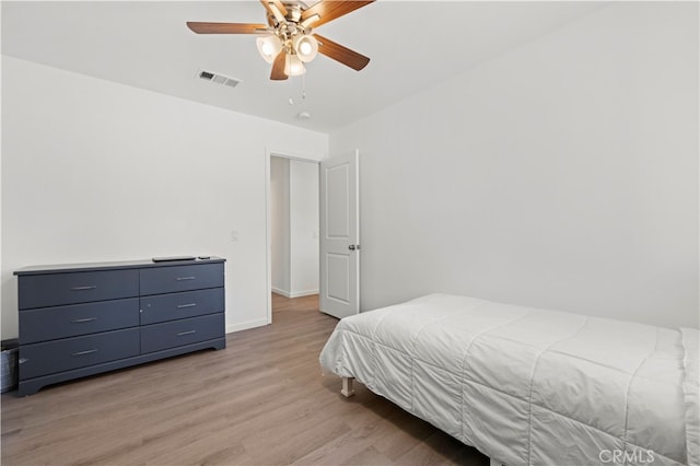 bedroom with ceiling fan and light wood-type flooring