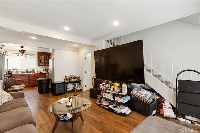 888 Victor Ave Unit 15, Inglewood, CA 90302 - living room with beamed ceiling, stairway, wood finished floors, and recessed lighting