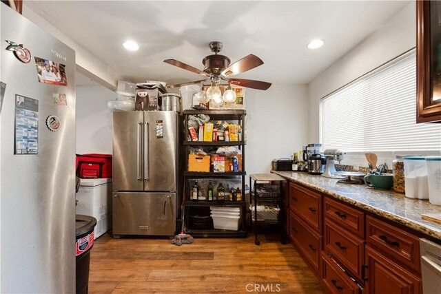 888 Victor Ave Unit 15, Inglewood, CA 90302 - kitchen with ceiling fan, high quality fridge, wood finished floors, freestanding refrigerator, and recessed lighting