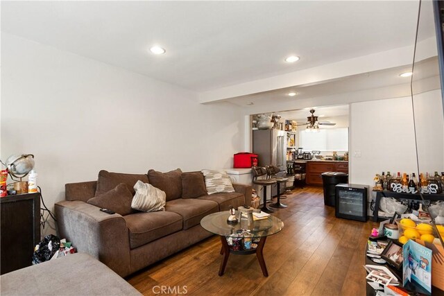 888 Victor Ave Unit 15, Inglewood, CA 90302 - living room with wine cooler, beamed ceiling, hardwood / wood-style floors, and recessed lighting
