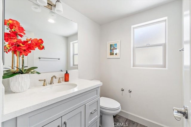 bathroom featuring vanity, wood-type flooring, and toilet