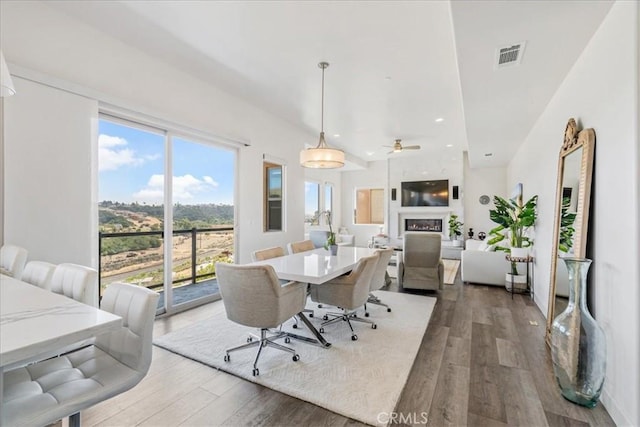 dining room featuring hardwood / wood-style flooring and ceiling fan