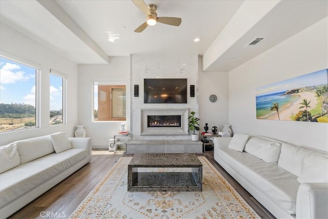 living room with ceiling fan, a fireplace, and wood-type flooring