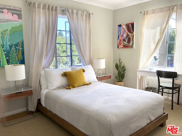 bedroom featuring carpet and crown molding