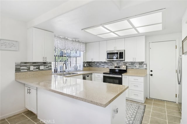 kitchen featuring white cabinets, sink, kitchen peninsula, backsplash, and appliances with stainless steel finishes