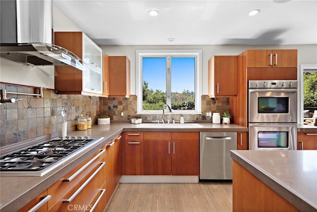 kitchen with decorative backsplash, sink, ventilation hood, light wood-type flooring, and appliances with stainless steel finishes