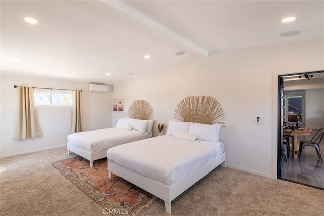 bedroom featuring a wall unit AC, beam ceiling, and carpet flooring