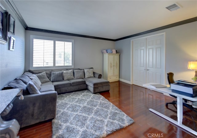 living room with crown molding and dark hardwood / wood-style flooring