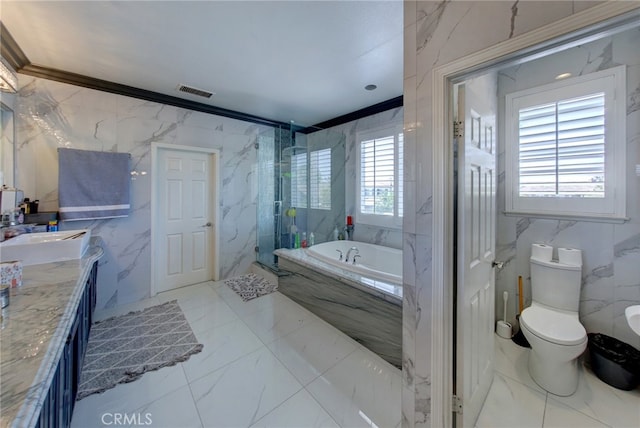 full bathroom with separate shower and tub, ornamental molding, toilet, and plenty of natural light