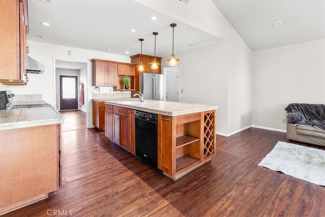 kitchen with stove, high end refrigerator, black dishwasher, an island with sink, and decorative light fixtures