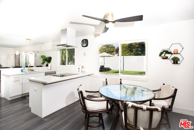 kitchen with kitchen peninsula, dark hardwood / wood-style flooring, extractor fan, sink, and white cabinetry