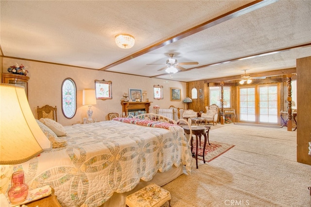 bedroom featuring ornamental molding, carpet flooring, beam ceiling, and a textured ceiling