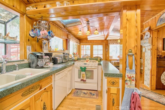 kitchen with wood ceiling, white appliances, sink, and wood walls