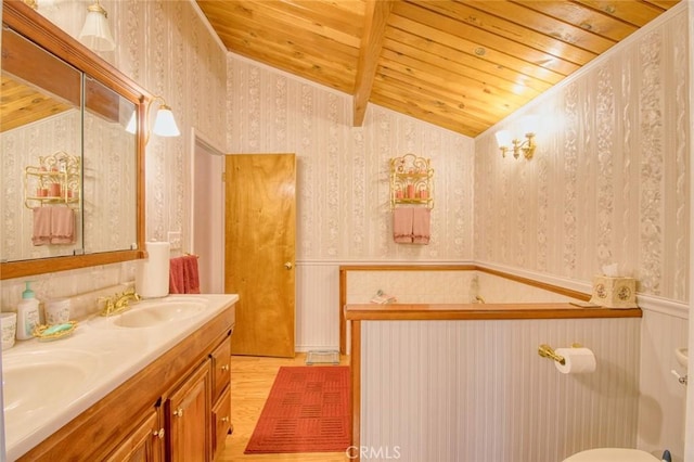 bathroom with vanity and wooden ceiling