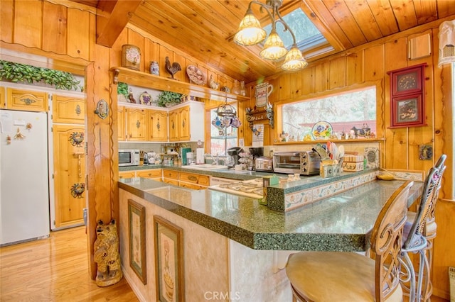 kitchen featuring a kitchen bar, wood walls, wood ceiling, kitchen peninsula, and white appliances