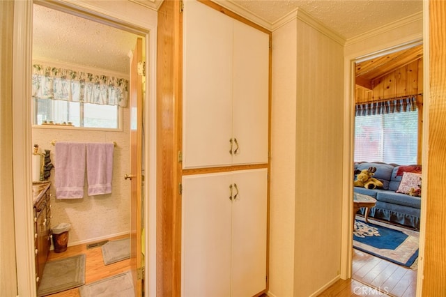 bathroom featuring ornamental molding, hardwood / wood-style floors, and a textured ceiling