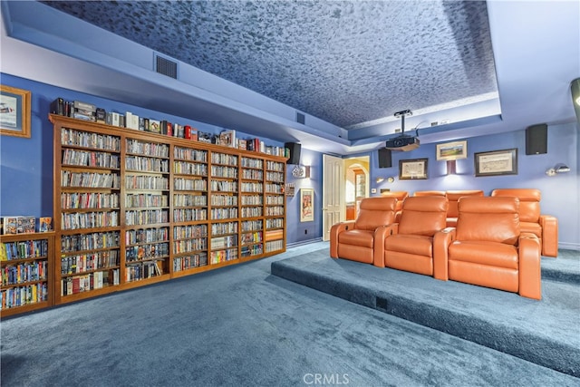 carpeted cinema featuring a raised ceiling