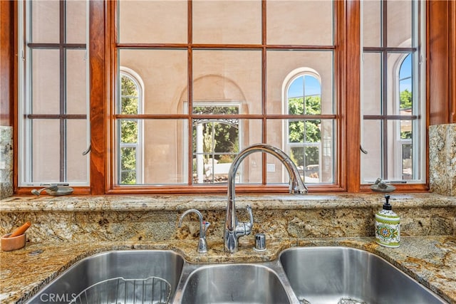 interior details featuring stone counters and sink