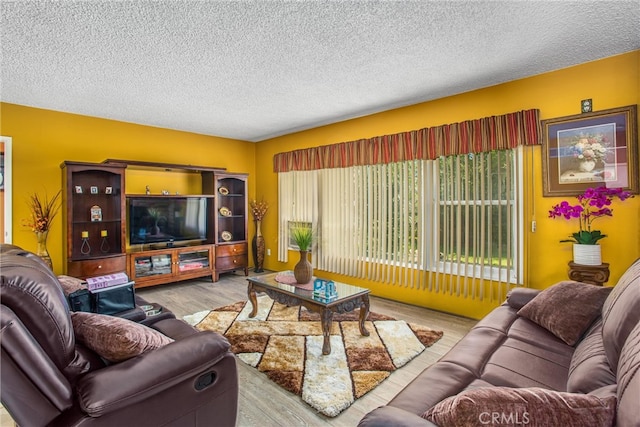 living room featuring light wood-type flooring and a textured ceiling