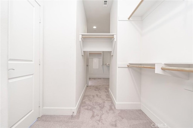 walk in closet with light colored carpet