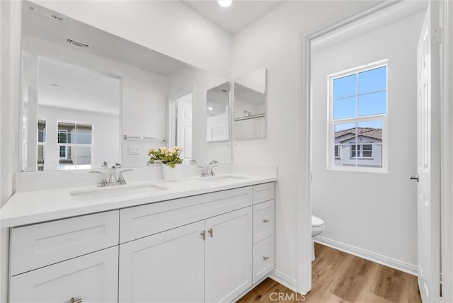 bathroom featuring vanity, hardwood / wood-style flooring, and toilet