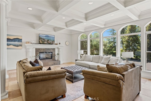 living room featuring a tile fireplace, coffered ceiling, beam ceiling, and light tile patterned floors