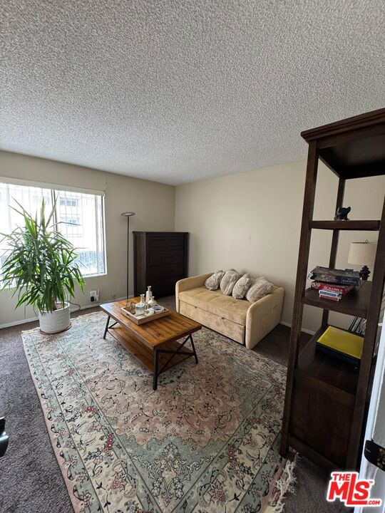 living room with carpet flooring and a textured ceiling