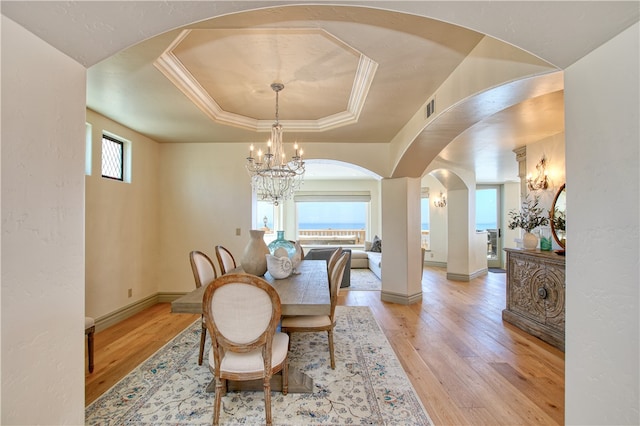 dining room featuring light hardwood / wood-style flooring, a raised ceiling, and a healthy amount of sunlight