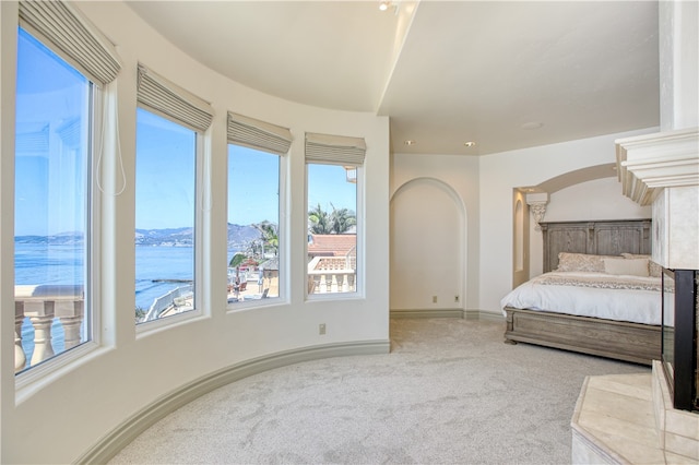 carpeted bedroom with a water and mountain view