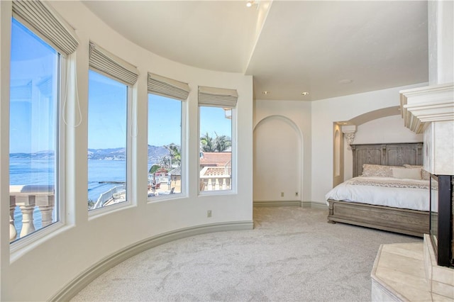 bedroom with carpet floors, a mountain view, baseboards, and arched walkways