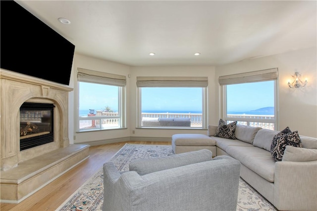 living area featuring a premium fireplace, a healthy amount of sunlight, light wood finished floors, and recessed lighting