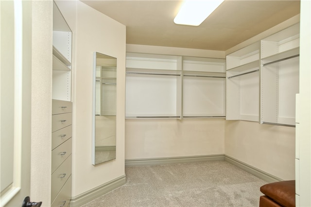 walk in closet featuring light carpet