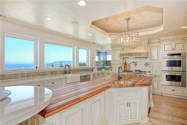 kitchen with a sink, a tray ceiling, wooden counters, and appliances with stainless steel finishes